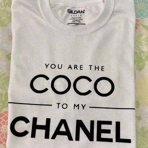 White Tshirt with Coco Chanel print in black color